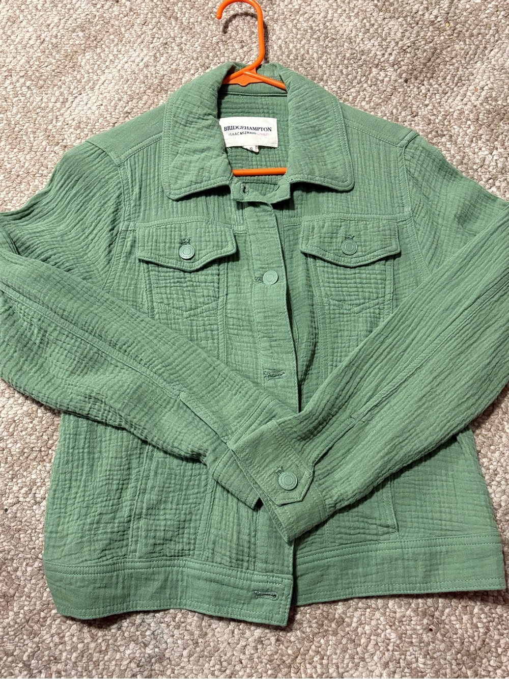 Isaac Mizrahi Light Green Textured Button-Front Jean Jacket
